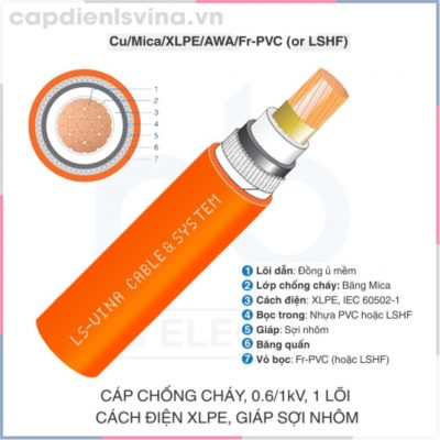 Cáp chống cháy 0.6/1kV, 1 lõi, cách điện XLPE, giáp sợi nhôm - LS VINA 0.6/1kV 1c Cu/Mica/XLPE/AWA/Fr-PVC (LSHF)