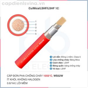 Cáp đơn pha chống cháy 1050°C, WS52W, ít khói, không Halogen 0.6/1kV, lõi mềm - LS VINA WS52W 0.6/1kV 1c Cu/Mica/LSHF/LSHF