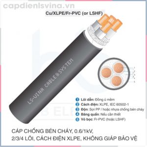 Cáp chống bén cháy 0.6/1kV, 2/3/4 lõi, cách điện XLPE, không giáp bảo vệ - LS VINA 0.6/1(1.2)kV 2/3/4c Cu/XLPE/Fr-PVC (LSHF)