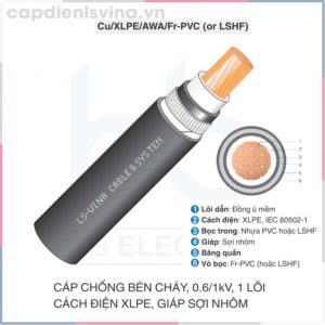 Cáp chống bén cháy 0.6/1kV, 1 lõi, cách điện XLPE, giáp sợi nhôm - LS VINA 0.6/1kV 1c Cu/XLPE/AWA/Fr-PVC (LSHF)