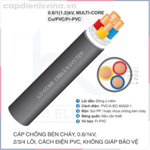 Cáp chống bén cháy 0.6/1kV 2/3/4 lõi, cách điện PVC, không giáp bảo vệ LS VINA 0.6/1kV 2/3/4c Cu/PVC/Fr-PVC